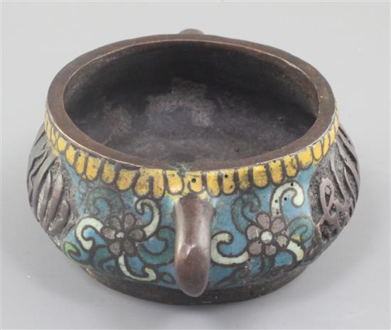 A Chinese bronze and champleve enamel two handled censer, width 11cm